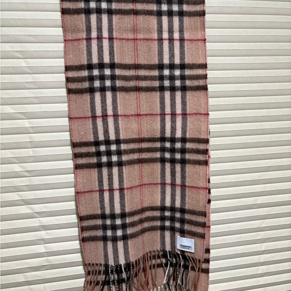 Burberry Beige Vintage Check Cashmere Scarf with Black and Red Stripes